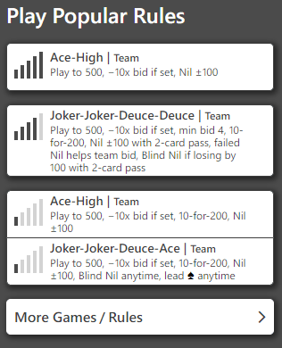 Example popular rules in Trickster Spades